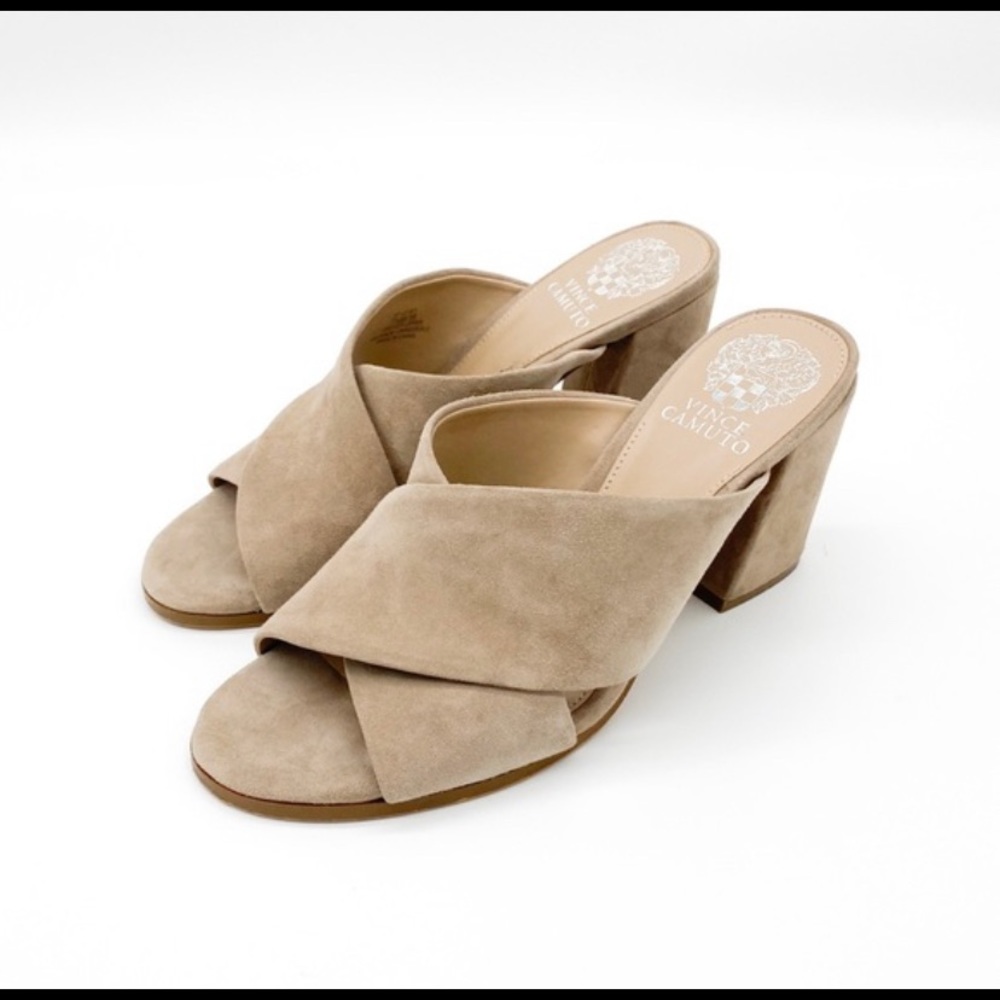 Vince Camuto Levey Tan Suede Block Heel Slip Ons